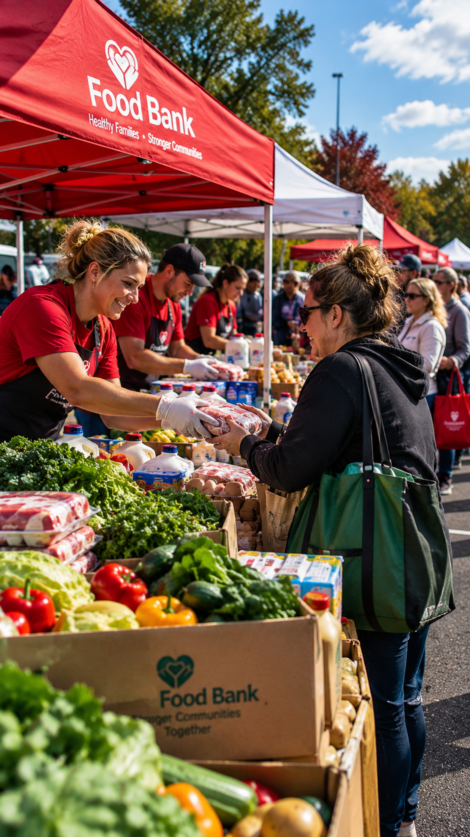 Volunteers handing groceries to a smiling woman outdoors